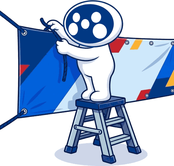 The Mediapoint mascot on a step ladder tying up a printed vinyl banner by its eyelets