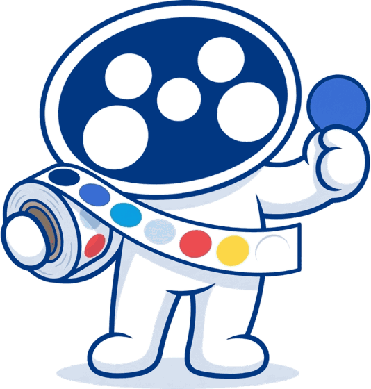 The Mediapoint mascot holding up a printed label from a roll of labels