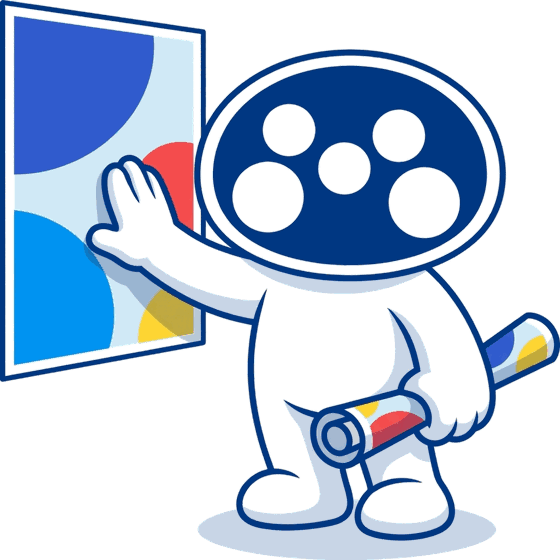 The Mediapoint mascot smoothing a printed poster onto a wall
