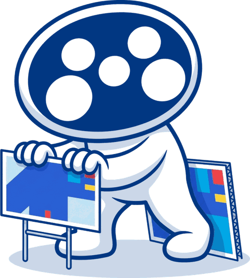 The Mediapoint mascot standing a printed rigid sign board on its stakes