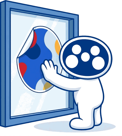 The Mediapoint mascot smoothing a large printed sticker onto a shop window