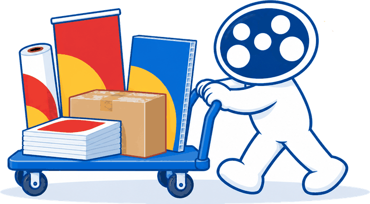 The Mediapoint mascot wheeling a trolley of finished prints, a roll, a corflute board and a packed box