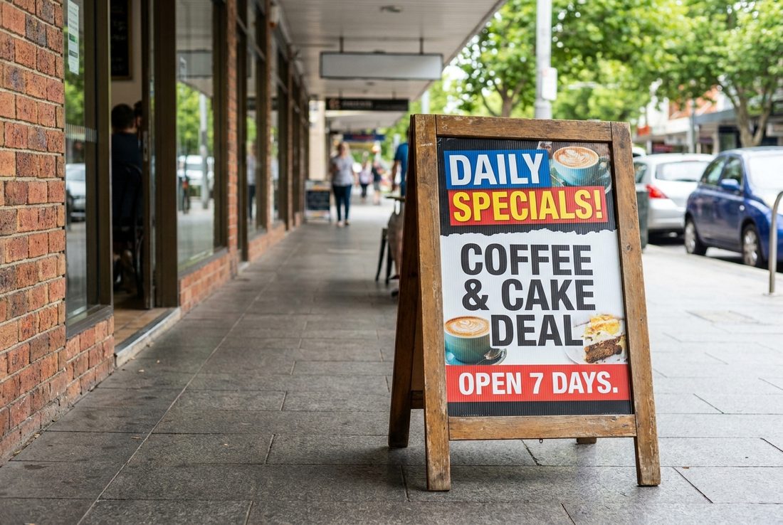 A double-sided A-frame sandwich board with a full-colour corflute insert on a shopfront footpath