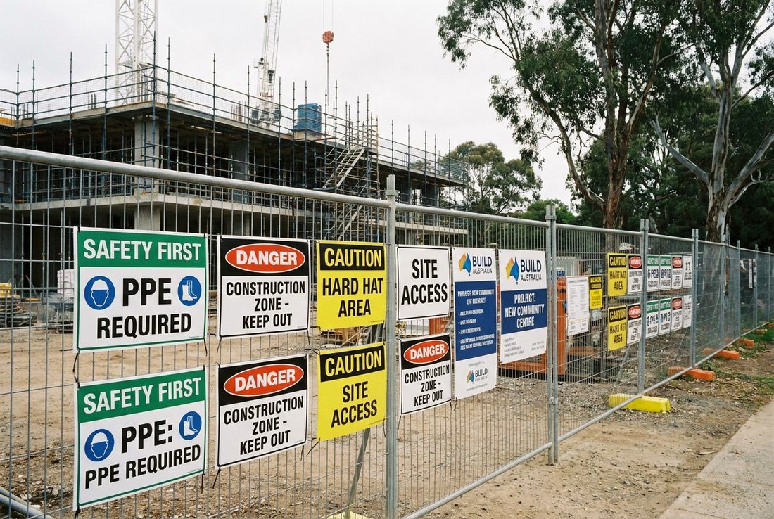 Corflute® safety and project signs cable-tied to temporary fencing at an Australian construction site