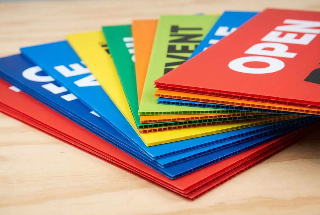 A fanned stack of full-colour printed Corflute® signs showing the corrugated fluted edges