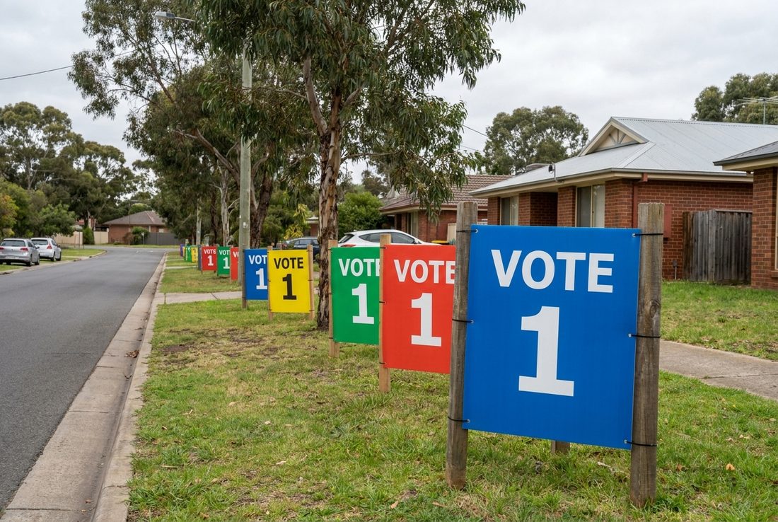 A row of full-colour corflute election signs staked along a suburban nature strip