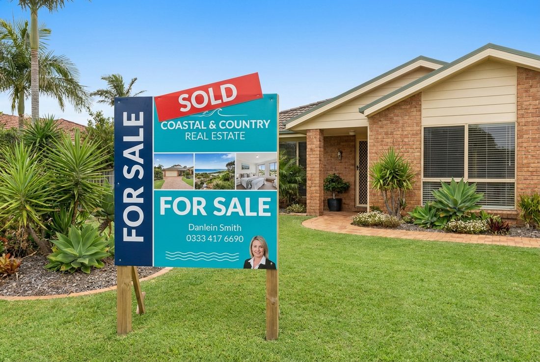 A corflute real estate For Sale agent board with a Sold rider on timber posts outside a suburban home